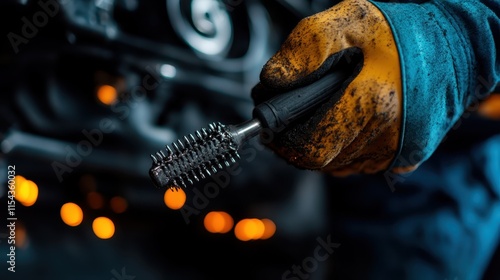 A mechanic's gloved hand holds a spiky metal cleaning tool against a blurred workshop background filled with mechanical elements and signs of ongoing repairs. photo