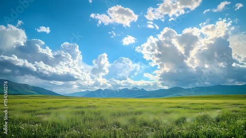 A serene landscape with a verdant field, a distant mountain range, and a sky adorned with dramatic, luminous clouds. Verdantine. Illustration