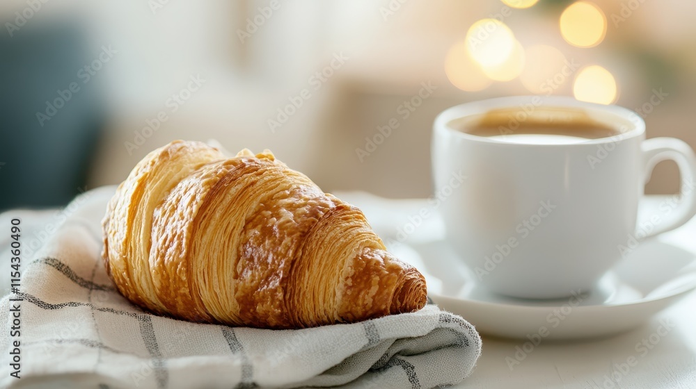 A rustic presentation showcases a golden croissant and a cup of coffee on a checkered cloth, creating an inviting setup that radiates warmth and simple pleasure. A rustic presentation showcases a golden croissant and a cup of coffee on a checkered cloth, creating an inviting setup that radiates warmth and simple pleasure.