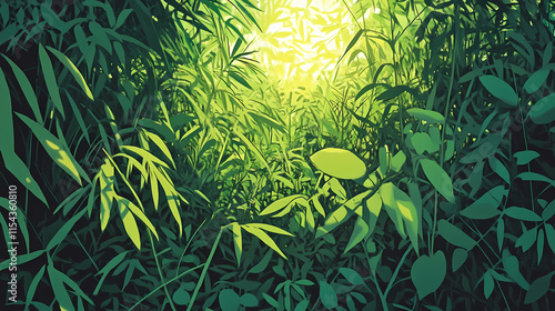A tangled undergrowth of thickly grown vegetation conceals the sun's rays, shrouding the area in a lush, verdant shade that filters the warm light. Verdantine. Illustration