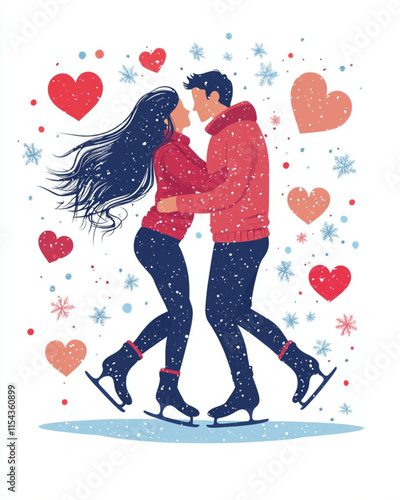 Vector illustration of couple ice skating in winter romance