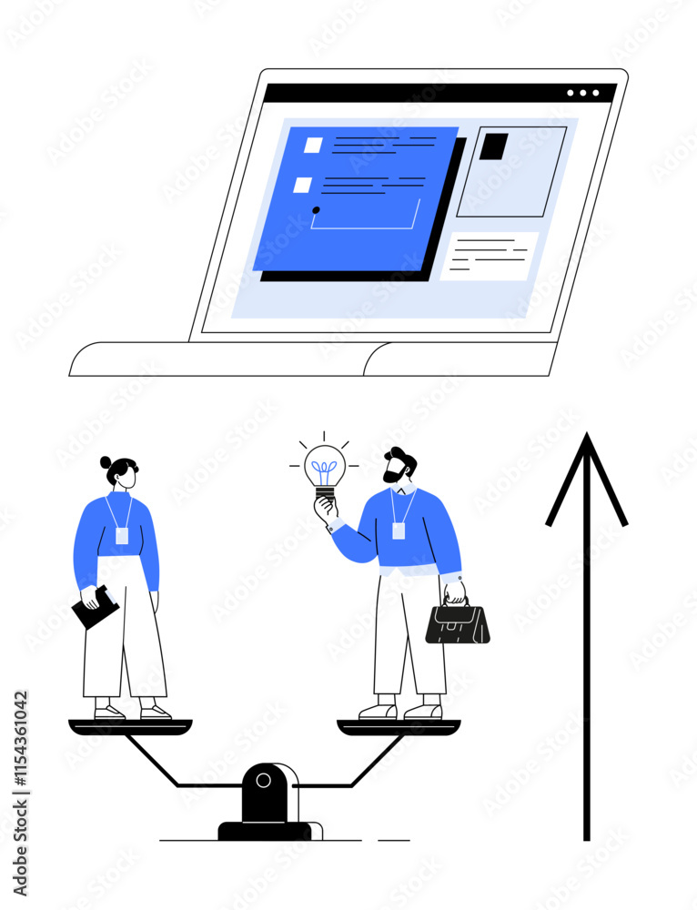 custom made wallpaper toronto digitalTwo businesspeople balancing on a scale discussing ideas, laptop screen with project management. Ideal for teamwork, collaboration, balance, business ideas, productivity, innovation, project