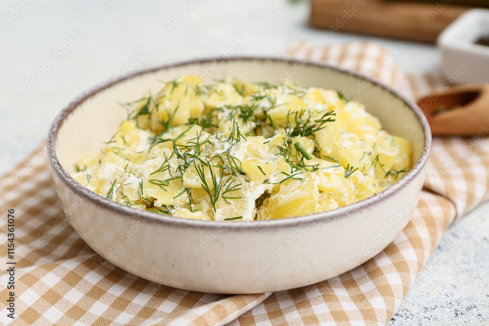 Bowl of tasty potato salad with dill, closeup Bowl of tasty potato salad with dill, closeup