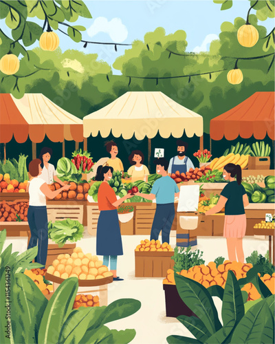 Lively spring farmers market illustration with diverse characters and vendors