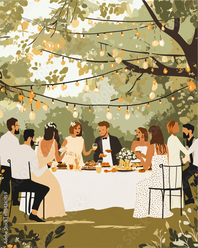 Wedding reception illustration with guests food music and lights