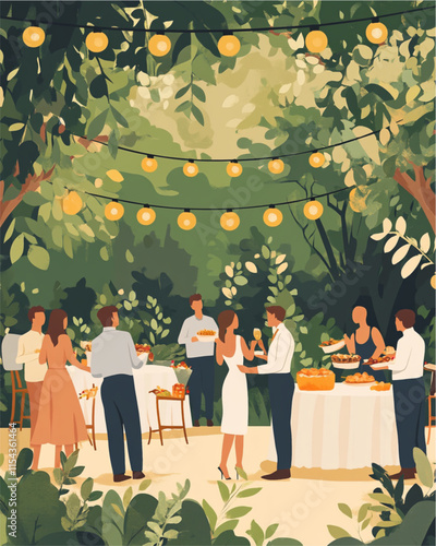 Wedding reception illustration with guests food music and lights