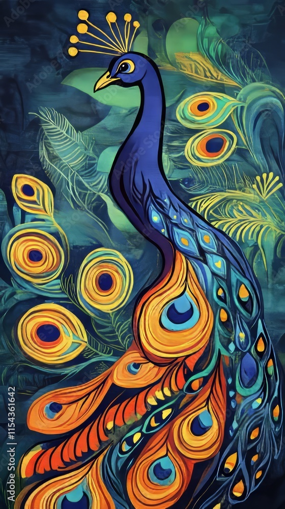 Obraz premium Vibrant peacock in stylized floral setting