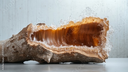 An intricate wooden log is bisected revealing an icy crystal-laden interior, showcasing nature's hidden beauty and complexity in a serene and enlightening composition. photo