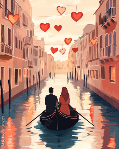 Romantic couple in gondola ride with heartshaped lanterns