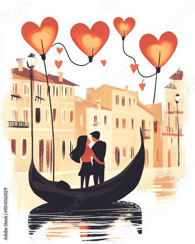 Romantic couple in gondola ride with heartshaped lanterns