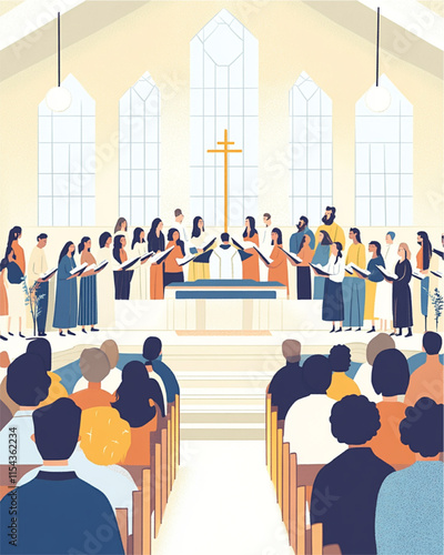 Minimalist Easter church service illustration in flat style