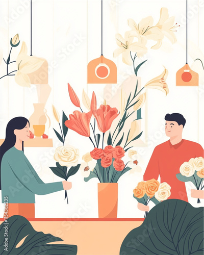 Valentines Day flower arranging class illustration in minimalist style