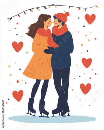 Vector illustration Couple ice skating on Valentines Day