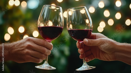 In a serene garden setting, two red wine glasses clink under glowing bokeh lights, emulating sophistication, intimate moments, and the vibrant allure of nightlife. photo