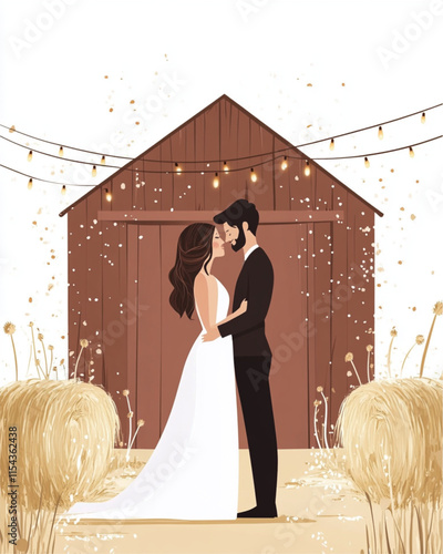 Elegant rustic barn wedding illustration in warm colors