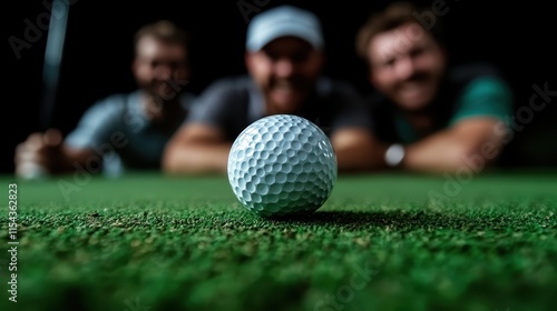 Wallpaper Mural A close-up of a golf ball with three blurred players in the background, representing camaraderie, teamwork, and the shared focus within the sport of golf. Torontodigital.ca