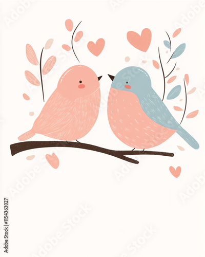 Lovebird illustration for Valentines card in soft pastels