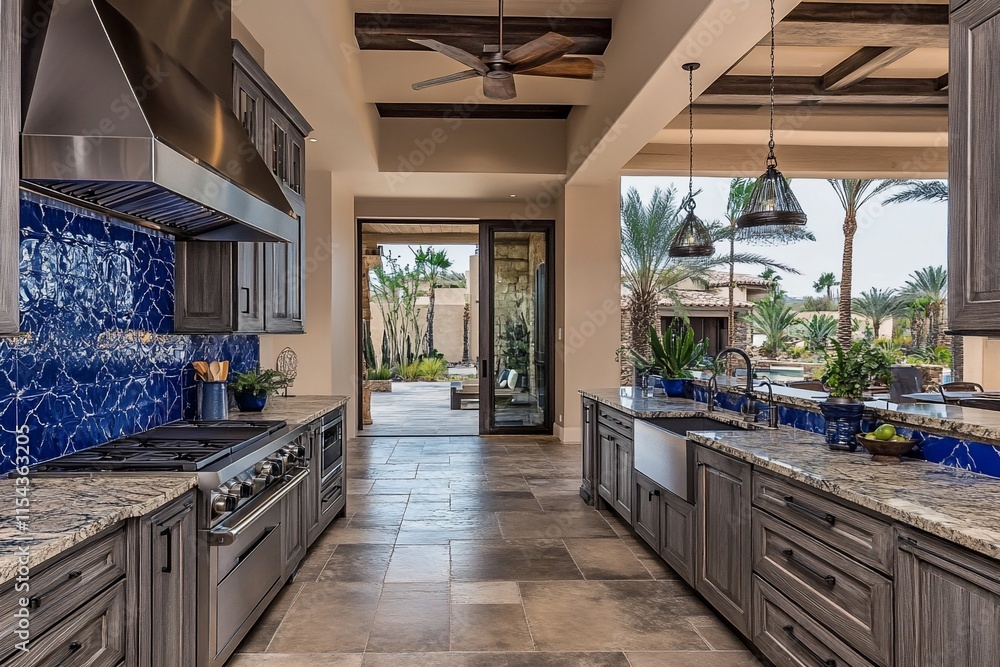 Fototapeta premium Outdoor kitchen with granite countertops, stainless steel appliances, and blue tile backsplash.