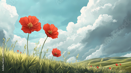 A few red blossoms resting on a verdant meadow beneath a cloudy sky. Verdantine. Illustration