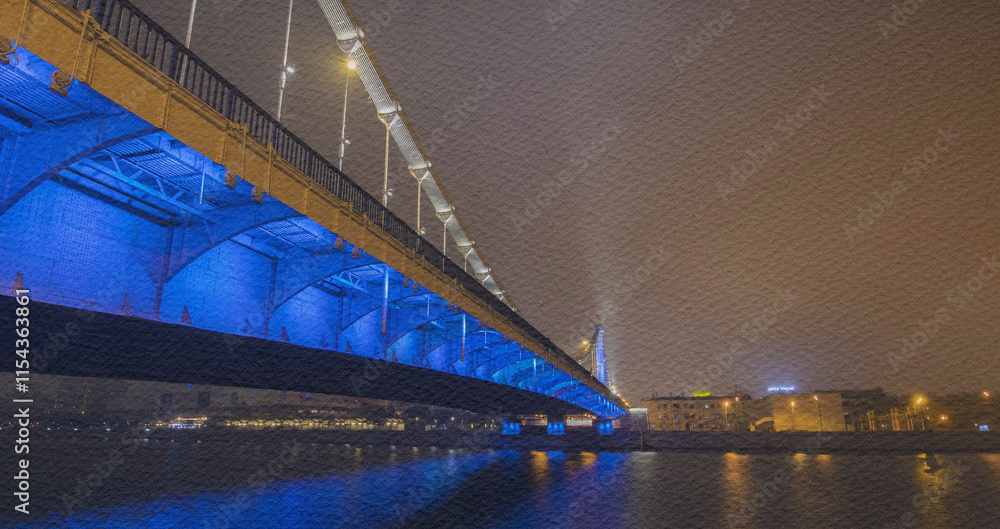 Naklejka premium Bridge is lit up in blue and white lights