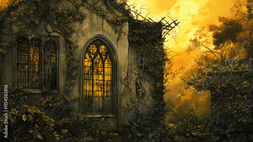 A forgotten facade, overgrown with verdant vines, bathed in the warm glow of a golden sunset, whispers tales of a bygone era. Verdantine. Illustration photo