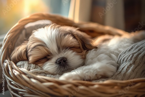 A photorealistic image of a sleeping Shih Tzu puppy