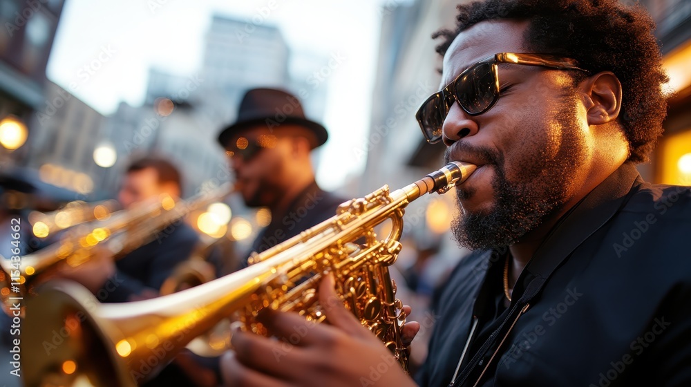 Obraz premium A saxophonist deeply absorbed in his music, performing on a busy street alongside fellow musicians. His focus and passion bring the lively scene to life.
