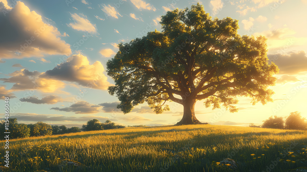 A majestic oak tree stands tall, its branches reaching towards the heavens, bathed in the golden light of a setting sun, casting long shadows across a verdant meadow. Verdantine. Illustration A majestic oak tree stands tall, its branches reaching towards the heavens, bathed in the golden light of a setting sun, casting long shadows across a verdant meadow. Verdantine. Illustration