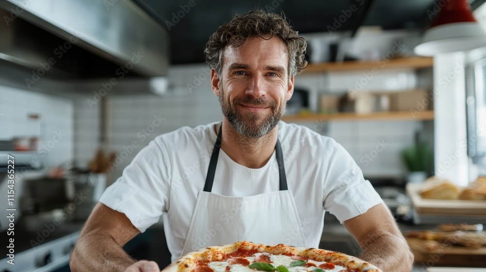 A smiling chef in a modern kitchen proudly presents a delicious, freshly-baked pizza, embodying passion and skill. Perfect for culinary and hospitality themes. A smiling chef in a modern kitchen proudly presents a delicious, freshly-baked pizza, embodying passion and skill. Perfect for culinary and hospitality themes.