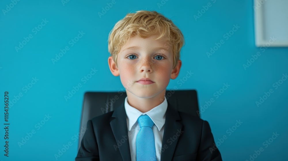 A blond child, dressed in a formal suit with a blue tie, sits seriously in an office chair against a bright blue background, exuding a sense of maturity. A blond child, dressed in a formal suit with a blue tie, sits seriously in an office chair against a bright blue background, exuding a sense of maturity.