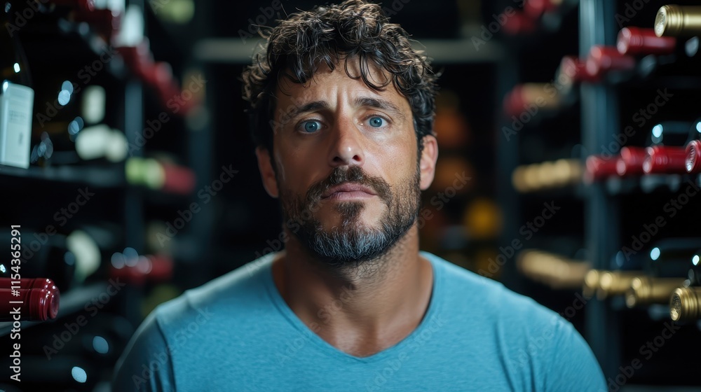 A man is framed against a backdrop of wine bottles, conveying themes of wine appreciation, hospitality, or working within a winery or wine shop setting. A man is framed against a backdrop of wine bottles, conveying themes of wine appreciation, hospitality, or working within a winery or wine shop setting.