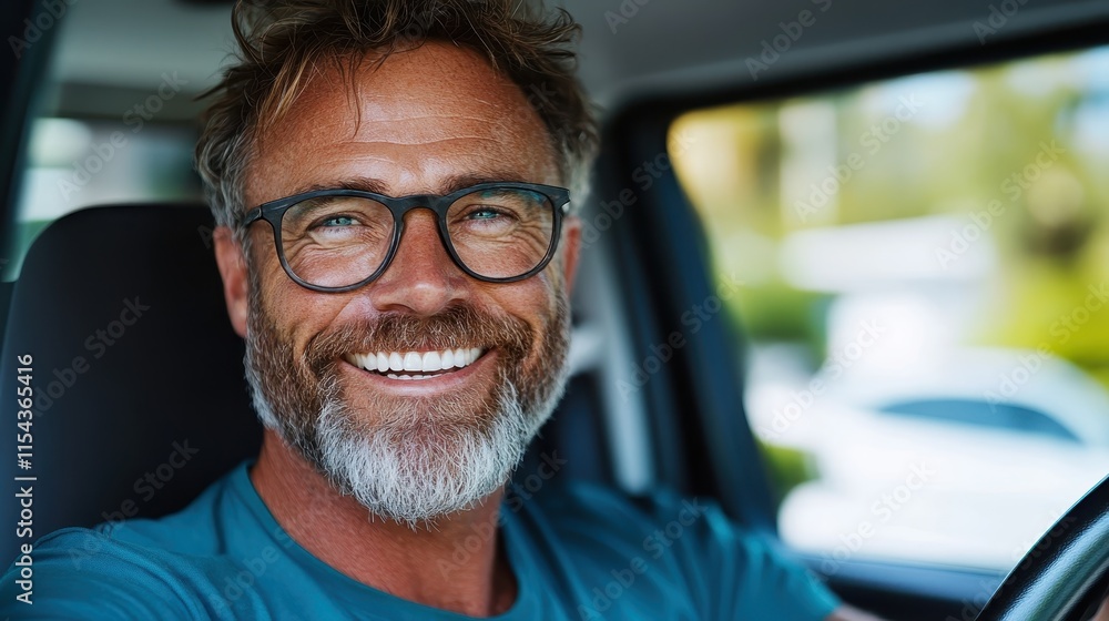 Portrait of a beaming man with glasses and a beard inside a vehicle, radiating joy and liveliness, surrounded by a glowing atmosphere of warmth. Portrait of a beaming man with glasses and a beard inside a vehicle, radiating joy and liveliness, surrounded by a glowing atmosphere of warmth.