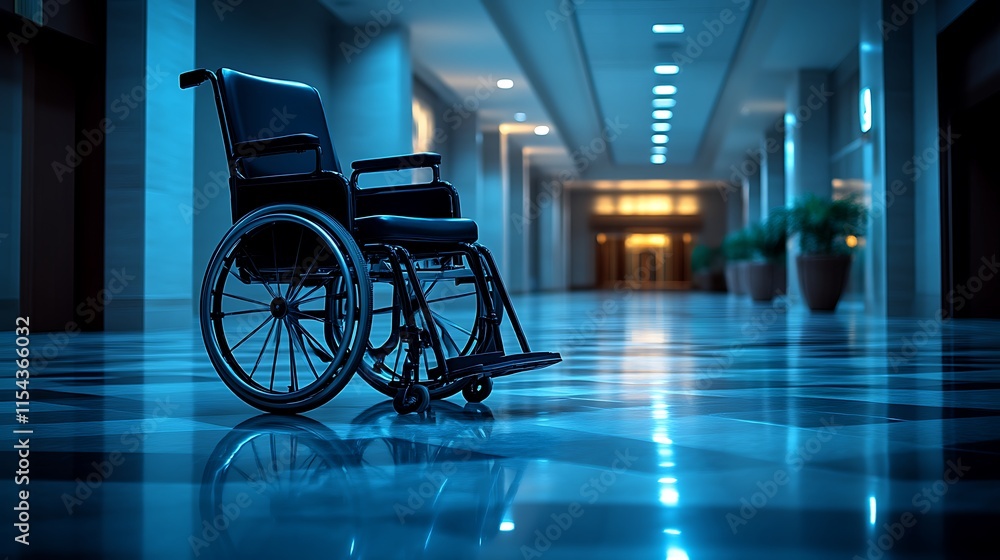 Empty Wheelchair in a Modern Hospital Corridor Empty Wheelchair in a Modern Hospital Corridor
