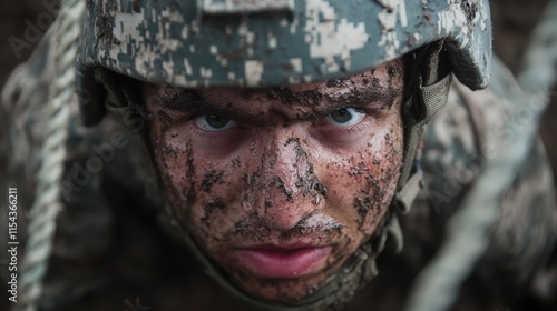 A focused soldier is captured crawling with determination through muddy terrain during training, highlighted by intense effort and perseverance shown on his face. photo