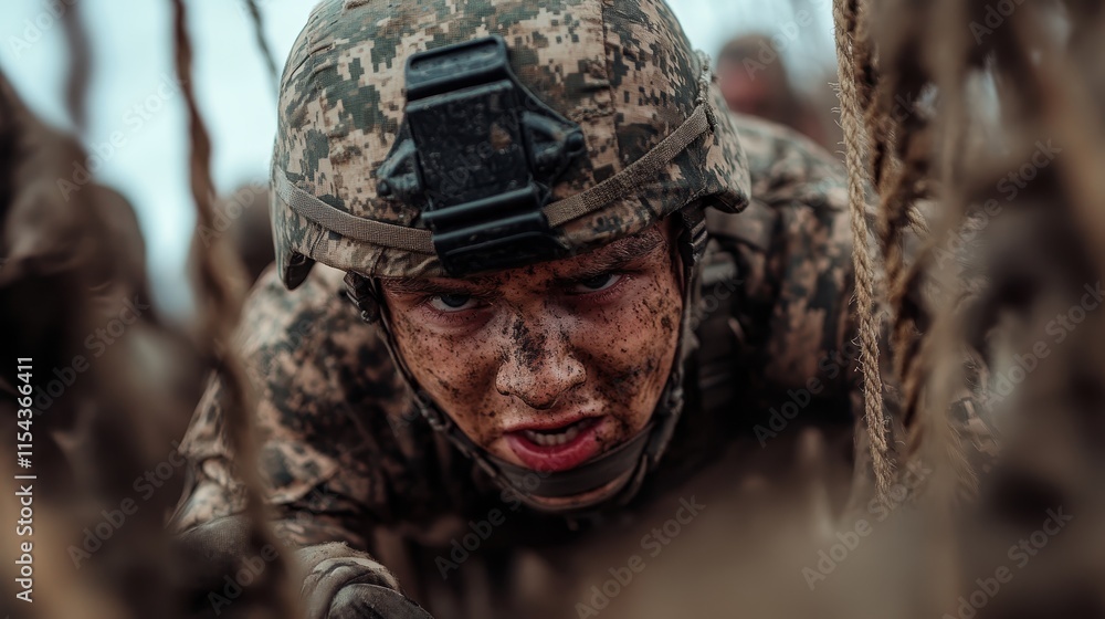With intense determination, a soldier makes his way through the muddy military obstacle course, highlighting the endurance and perseverance required in modern training. With intense determination, a soldier makes his way through the muddy military obstacle course, highlighting the endurance and perseverance required in modern training.
