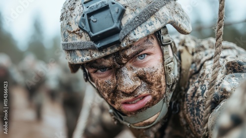 A soldier intensely pushing through a muddy course with ropes, his face showing determination and resolve, representing the grit required in demanding military exercises. photo