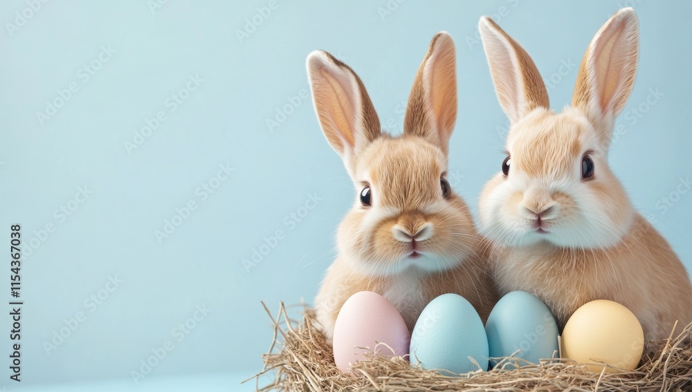 Obraz premium Two charming rabbits are nestled in a cozy nest of pastel Easter eggs and fragrant hay, joyfully celebrating the vibrant holiday of Easter filled with happiness and cheerful moments
