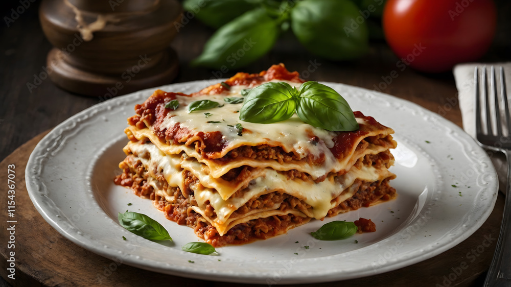 Delicious Lasagna Slice with Melted Cheese and Fresh Basil Garnish on a White Plate Delicious Lasagna Slice with Melted Cheese and Fresh Basil Garnish on a White Plate