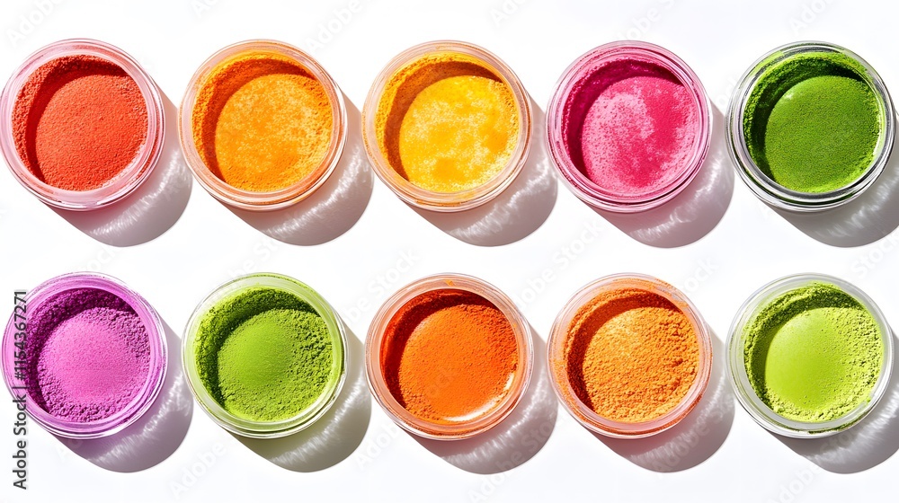 Ten small jars filled with vibrant powdered pigments in various colors, arranged in two rows. Bright and cheerful, perfect for makeup or crafting. Ten small jars filled with vibrant powdered pigments in various colors, arranged in two rows. Bright and cheerful, perfect for makeup or crafting.