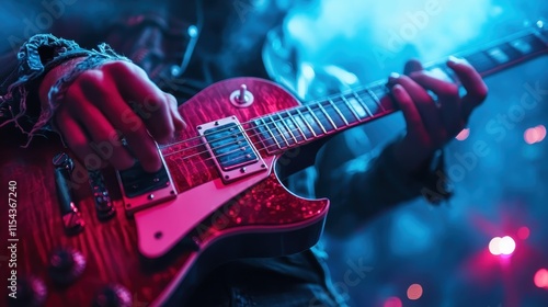Close-up of a musician playing electric guitar under striking neon blue and pink lighting, evoking dynamic energy and modern rock vibes in a thrilling performance.
