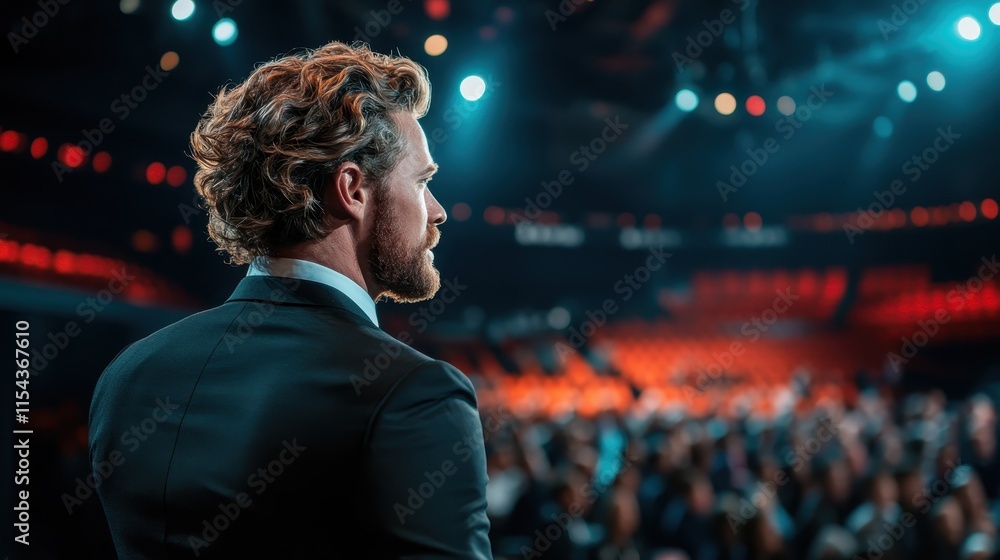 A man stands confidently on a well-lit stage turning towards an audience, creating an atmosphere of engagement, focus, and the power of effective communication. A man stands confidently on a well-lit stage turning towards an audience, creating an atmosphere of engagement, focus, and the power of effective communication.