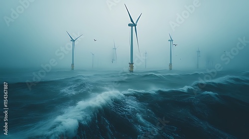 Offshore wind turbines endure a fierce storm at sea. photo