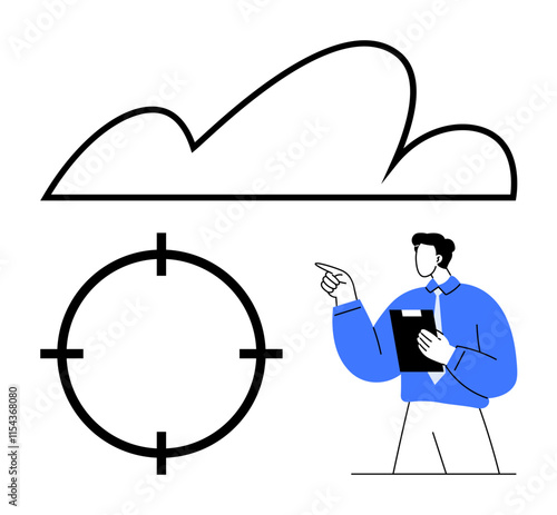 Business professional pointing at cloud above target symbol, representing goal-setting and cloud computing. Ideal for business strategy, goal-setting, cloud services, project management, teamwork
