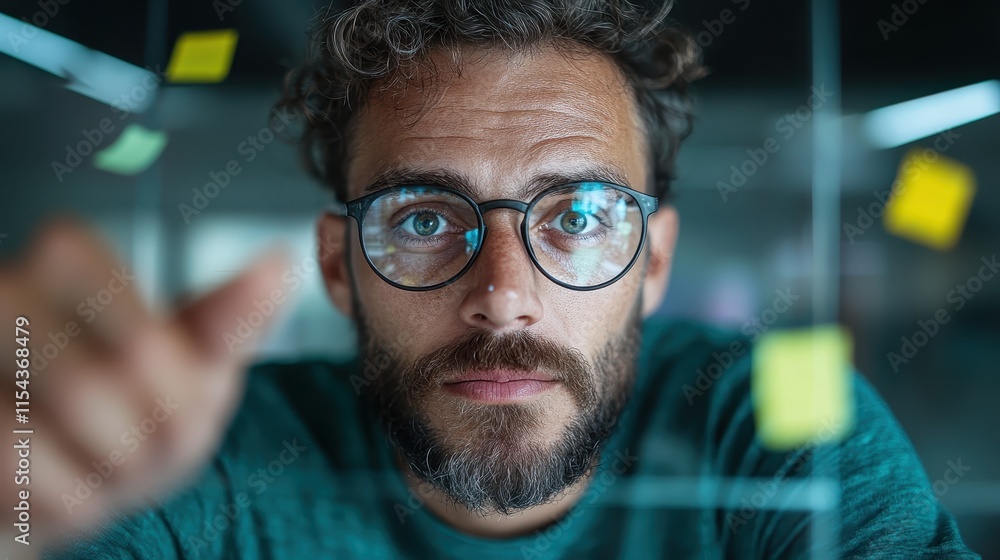 A modern thinker with round glasses and a focused demeanor interacts with digital concepts represented on a transparent digital surface in contemporary office setting. A modern thinker with round glasses and a focused demeanor interacts with digital concepts represented on a transparent digital surface in contemporary office setting.