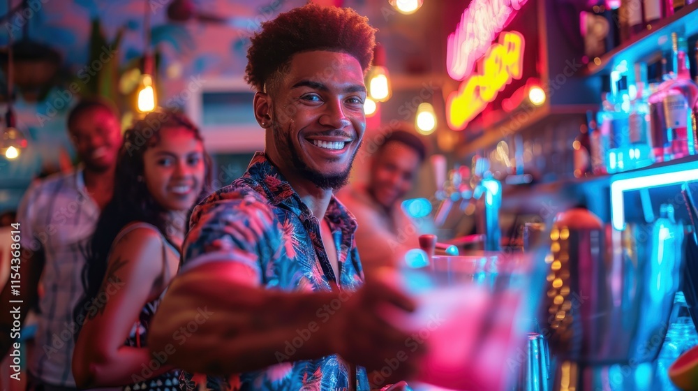 Obraz premium Barman shaking a cocktail mixer energetically, neon lights creating a vivid scene, bar patrons chatting and enjoying their drinks