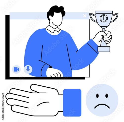 Man holding trophy, virtual meeting screen, sad face icon, and open hand gesture. Ideal for themes success, recognition, online meetings, achievement emotion communication disappointment. Line