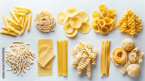 Fototapeta Naklejka Na Ścianę i Meble -  Detailed close-up of different pasta shapes such as fusilli, rigatoni, and linguine on a white background