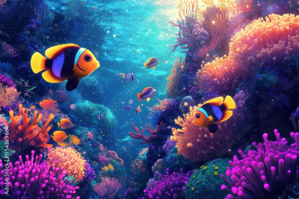 Naklejka premium Vibrant coral reef underwater scene with colorful fish swimming in clear waters