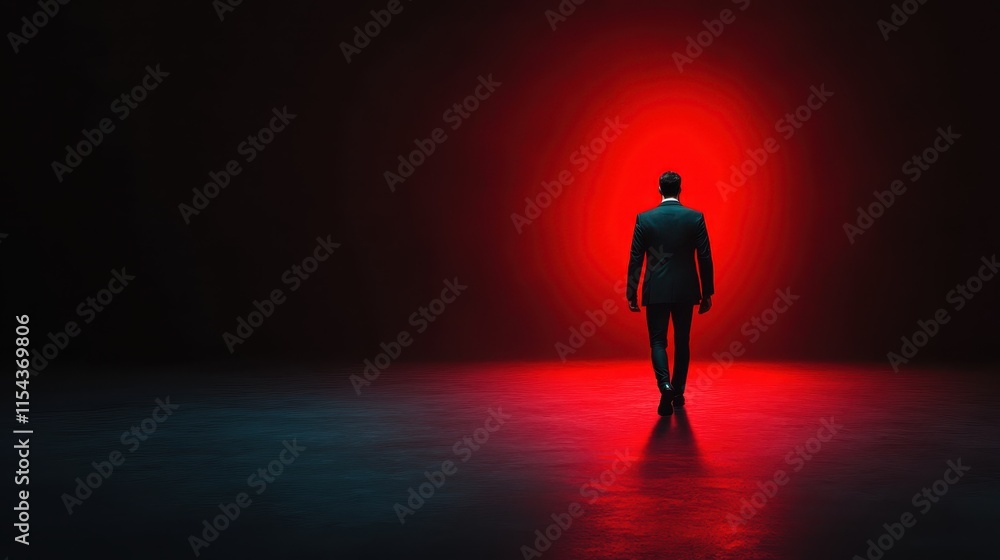 A man in a suit walks towards a radiant red light surrounded by darkness, symbolizing a journey towards the unknown or a pivotal life decision moment. A man in a suit walks towards a radiant red light surrounded by darkness, symbolizing a journey towards the unknown or a pivotal life decision moment.