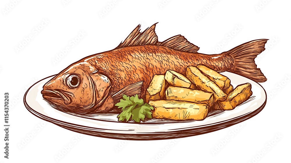 Deliciously Crisp Fried Fish and Chips Illustration: A Detailed Hand-Drawn Sketch. AI Generated